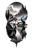 wolf, snake, mountains, forest scene, sinister, peacock, reflection in water, smoke tattoo design idea