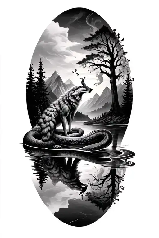 wolf, snake, mountains, forest scene, sinister, peacock, reflection in water, smoke tattoo design idea
