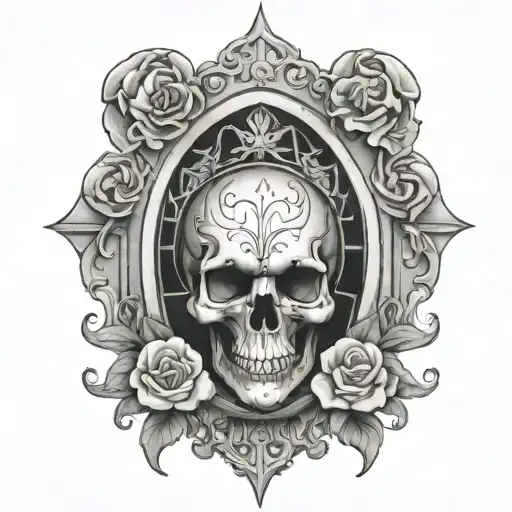 gothic windows, skull, flowers intertwined within tattoo design idea