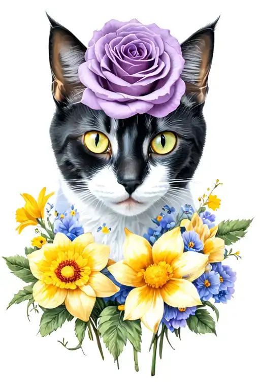 black and white cat head with purple rose on top of head, surrounded  by marigold and daffodil vintage flowers tattoo design idea