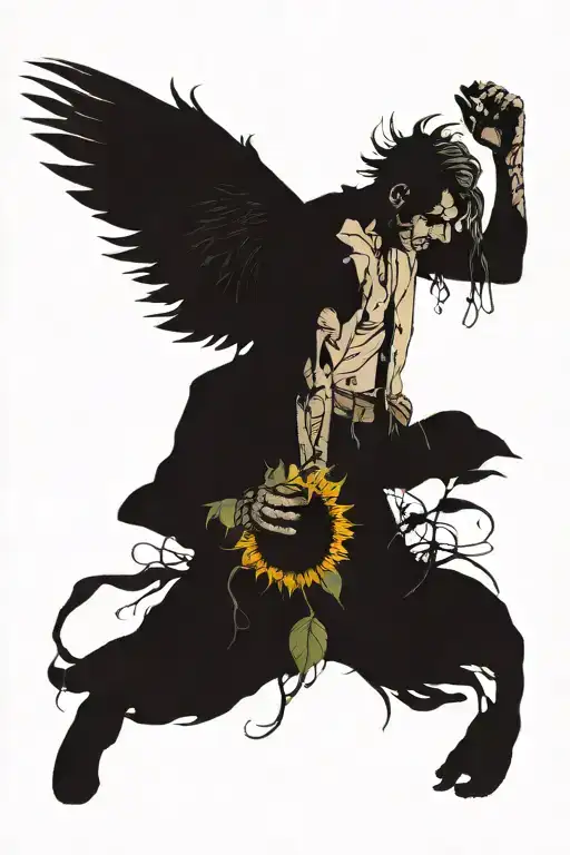 a shadow of a man but you can see contrast of him, he's spitting on a sunflower and it grows tattoo design idea