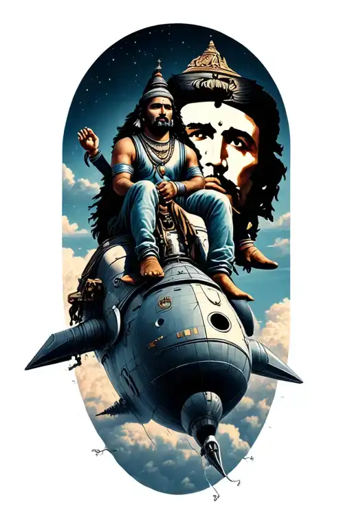 shiva sits next to che guevara riding on a rocket ship sailing tattoo design idea