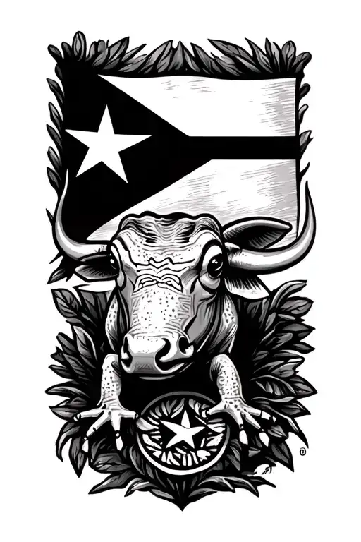 Texas flag, Puerto Rican flag, Texas bull, coquí frog, lone star, Taino petroglyphs, El Morro fortress tattoo design idea