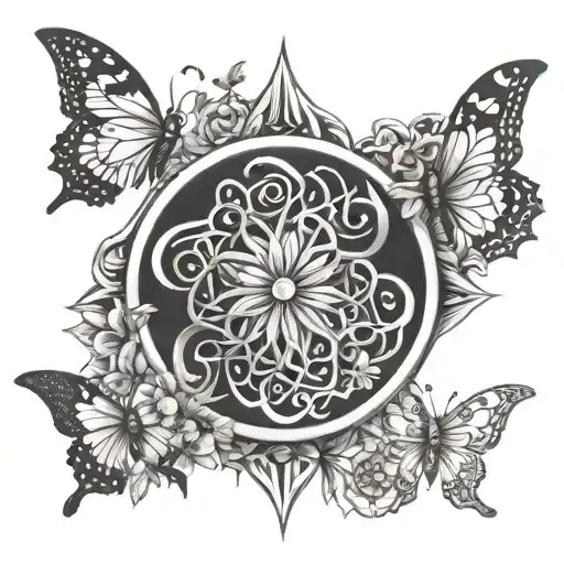 Witch's knot with a moon, sun and butterflies mandalas tattoo design idea
