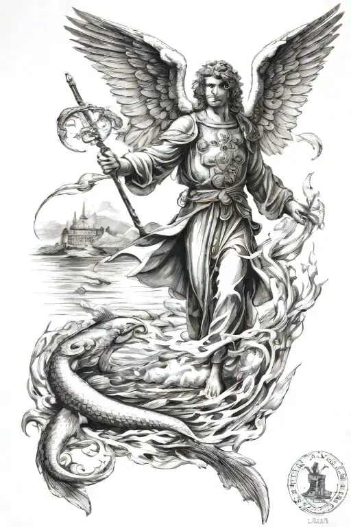 archangel Raphael wearing robe holding staff wings spread at a river with fish jumping in background tattoo design idea