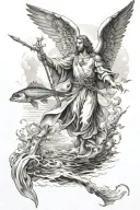 archangel Raphael wearing robe holding staff wings spread at a river with fish jumping in background tattoo design idea