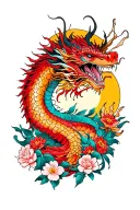 Yakuza back tattoo: red dragon, flowers, pop culture elements, moon/sun under the neck. tattoo design idea