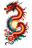 Yakuza back tattoo: red dragon, flowers, pop culture elements, moon/sun under the neck. tattoo design idea