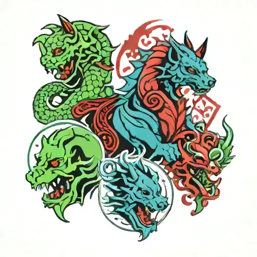 4 stamps,black brain, blue wolf, green dragon and red computer tattoo design idea