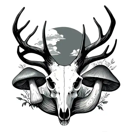 deer skull and mushrooms tattoo design idea