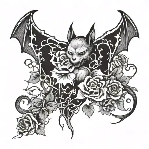 bat with roses vines and thorns and blood dripping tattoo design idea