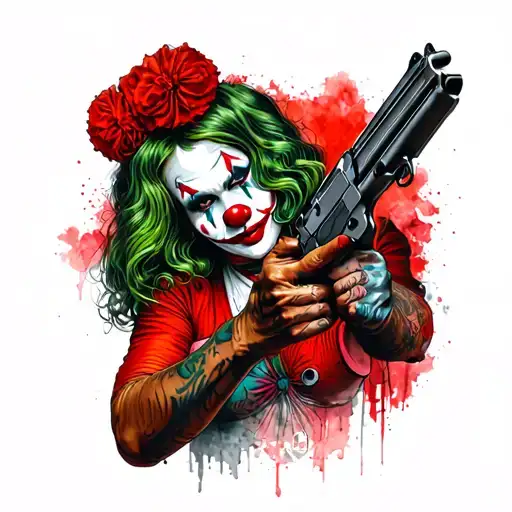 sexy clown woman with a gun bent over saying brianna boss tattoo design idea