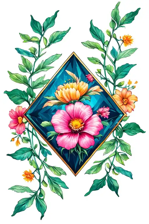 flowers and vines wrapped around a diamond shape outline tattoo design idea