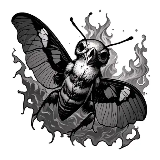 A Death's-head Hawkmoth emerging from a cracked cocoon, wings tattered but glowing, flying upward with flames or smoke t tattoo design idea