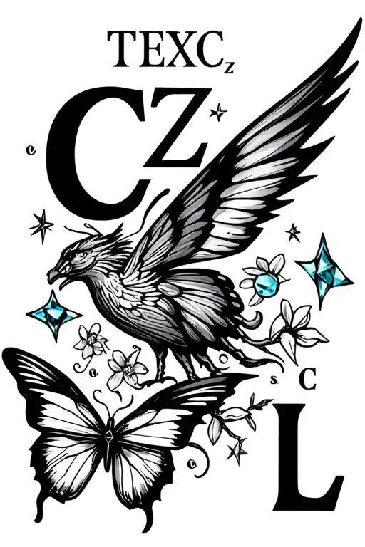 "C, Z, C, L" phoenix , a butterfly, Daffodils, aquamarine, a compass with stars gaxly, heartbeat line, semicolon, medical symbol  tattoo design idea