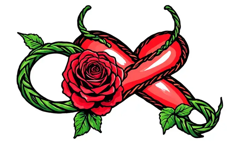 The rose crosses the whip in the form of an infinity sign, from above above the sign of the heart tattoo design idea