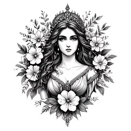 create a detailed transparent stencil outline of a feminine tattoo that depicts a goddess surrounded by flowers tattoo design idea