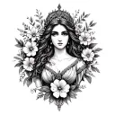create a detailed transparent stencil outline of a feminine tattoo that depicts a goddess surrounded by flowers tattoo design idea