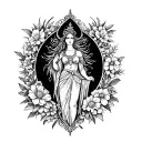 create a detailed transparent stencil outline of a feminine tattoo that depicts a goddess surrounded by flowers tattoo design idea