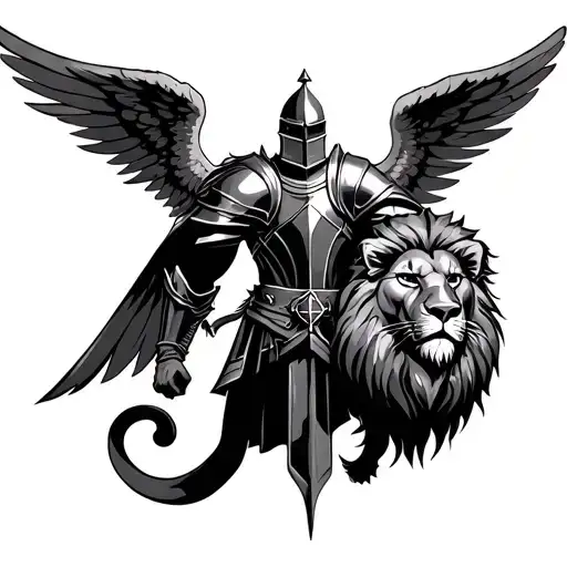 crusader knight with angel wings and a lion head tattoo design idea