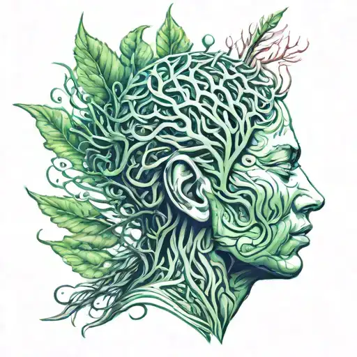 a peaceful meditating head emerging from organic green blades complex tattoo design idea