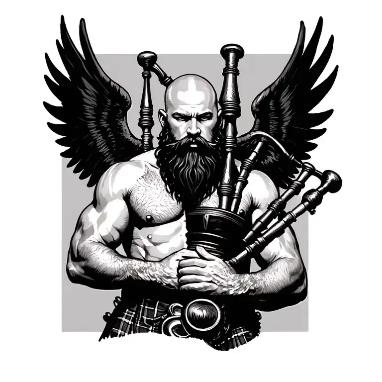 scottish bagpiper bald black beard muscular wearing glengarry pipes in arm big black wings shirtless tattoo tattoo design idea