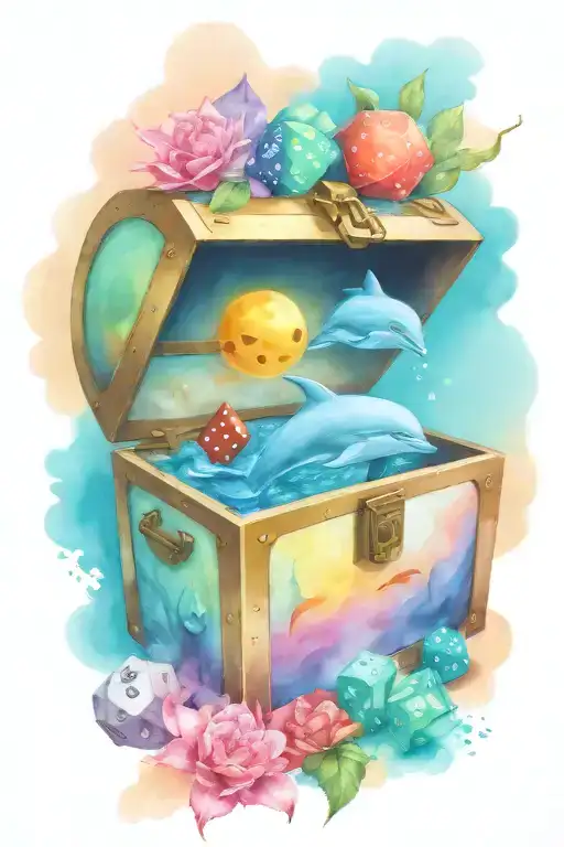 treasure chest smoking with ideas: Dolphins, D&D dice, paint palette tattoo design idea