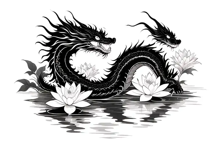 vietnamese dragon and water lilly tattoo design idea