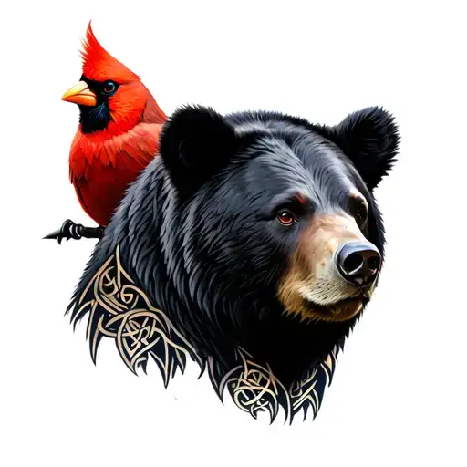 A realistic portrait of a Louisiana black bear and a red cardinal in a Celtic tribal style tattoo design idea