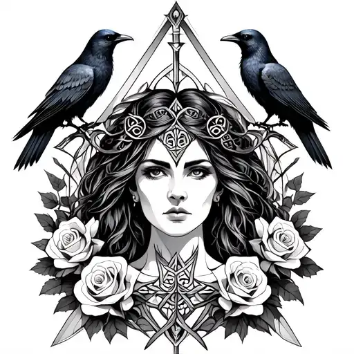 Celtic Goddess, Morrigan. Surrounded by ravens, roses and swords tattoo design idea