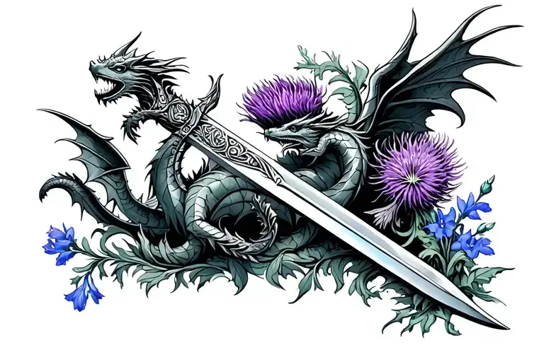 sword with small dragons flying with Scottish thistle and Texas bluebonnet  tattoo design idea