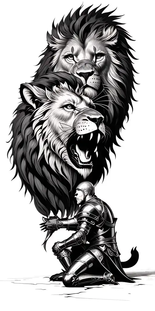 ealistic blackwork tattoo of a medieval knight kneeling before a roaring lion inside a grand gothic manor, sacred geomet tattoo design idea
