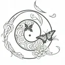yin yang with bandana patterns and butterfly pieces tattoo design idea