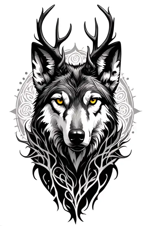 yggdrasil wolf deer tattoo design idea