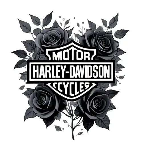 a black and grey Harley Davidson logo with softly shaded black and grey realistic roses around it tattoo design idea