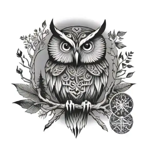 owl and forest raven lake scandinavian runes tattoo design idea