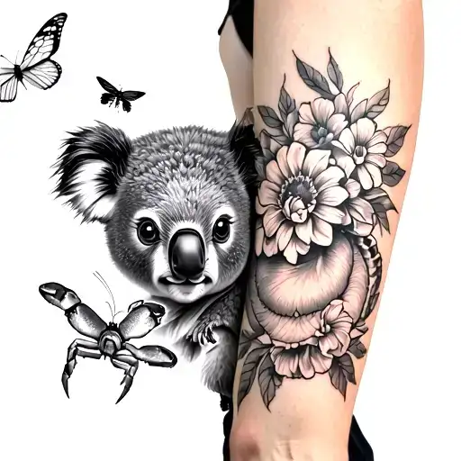 flower arm sleeve with a koala, butterfly, dragon fly and a crab tattoo design idea