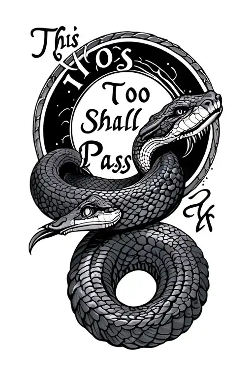 this too shall pass written with a cobra coild in a circle around text tattoo design idea
