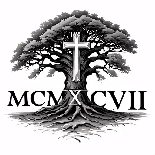 big oak tree with roman numerals MCMXCVIII displaying a orthodox cross tattoo design idea