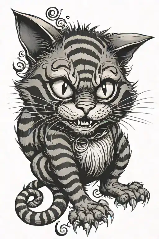 Cheshire Cat, meneki-neko, crazy eyes jumps tattoo design idea