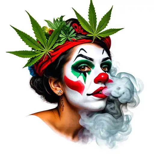 woman with very squinky eyes wearing clown chicana make up blowing smoke out and weed leaves on top of the smoke  tattoo design idea