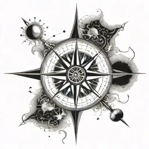 A celestial compass tattoo with the sun as the center, the moon as the guiding light, and the stars as the direction markers, symbolizing guidance and protection for your son's spirit tattoo design idea