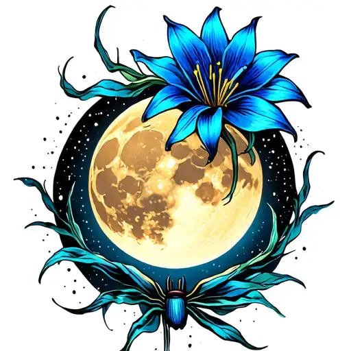 blue spider lilly and a golden full moon with sparkles around it tattoo design idea