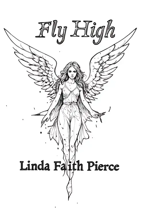 "Fly High Linda Faith Pierce" broken wing angel flying tattoo design idea