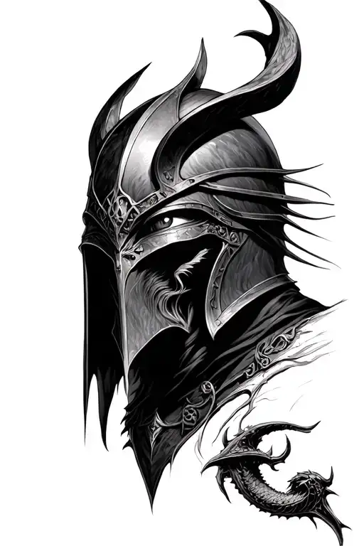 nazgul lord of the rings with sauron on top and the eye of sauro between his helmet tattoo design idea