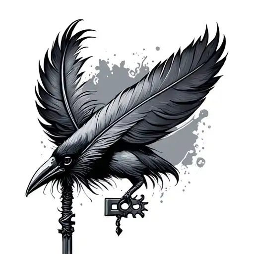 key and crow Feather tattoo design idea