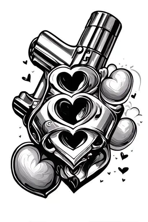 girly but tough gun shooting hearts. Make it black and white no shading tattoo design idea