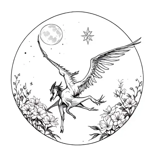 flying thestral surrounded by the moon and flowers and magic tattoo design idea