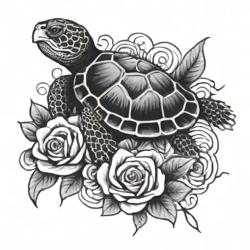 A black-grey tattoo of a stylized turtle swimming through a sea of roses, representing the client's passion for both turtles and flowers tattoo design idea