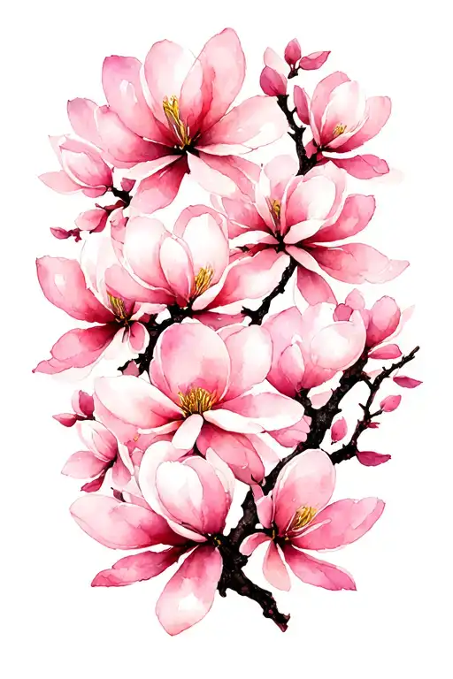 A Japanese-inspired illustration featuring a delicate branch with vertically arranged soft pink magnolia blossom framed tattoo design idea